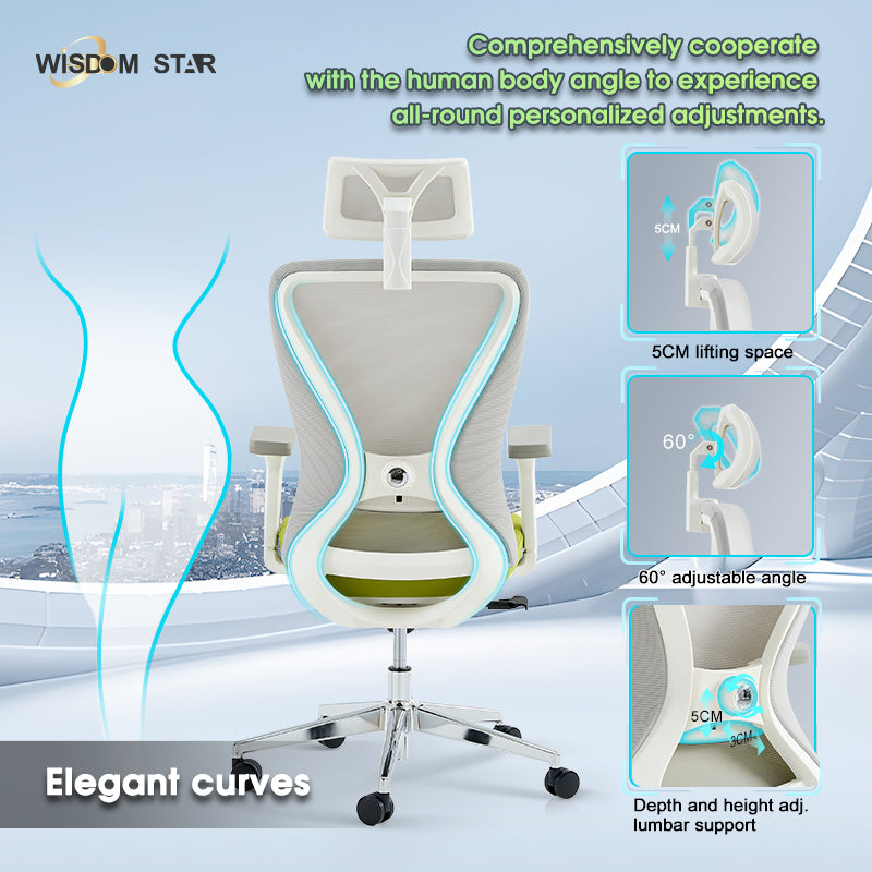 The perfect fusion of futuristic office, ergonomic chairs and interpretation gaming chairs. Large angle adjustment + first color large seat cushion + first beautiful curve shape. wisdom star C38