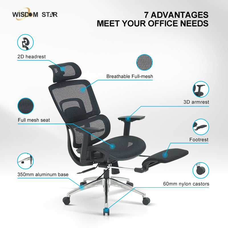 WISDOM STAR Furniture Ergonomic Chair With Foot Rest Chair Full Mesh Office Chair Gaming Chair 2D headrest 3D Armrest With 3 Years Warranty