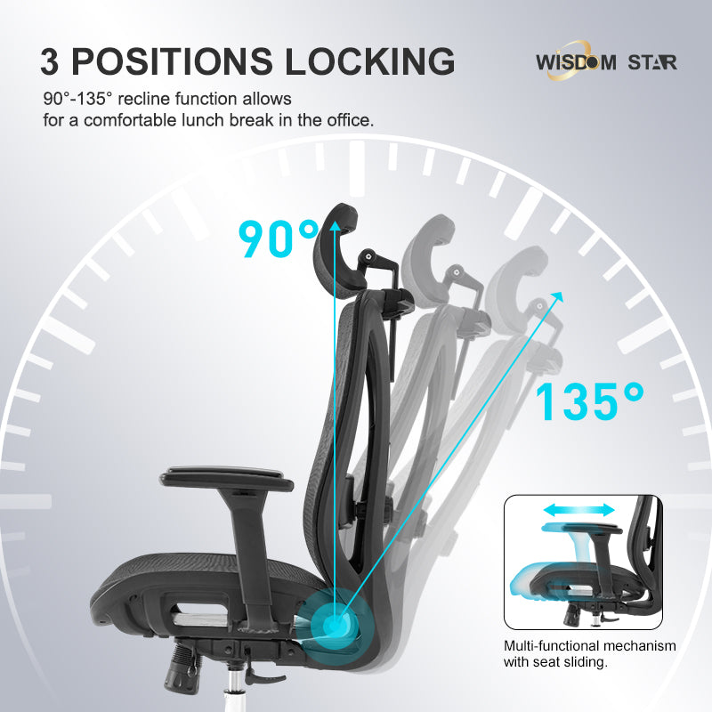 【Ready Stock】WISDOM STAR Furniture Full Mesh Office Chair Ergonomic Chair with 3D Armrests, 2D Lumbar Support & 2D Headrest Chair Gaming Chair 3 Years Warranty