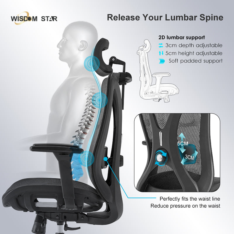 【Ready Stock】WISDOM STAR Furniture Full Mesh Office Chair Ergonomic Chair with 3D Armrests, 2D Lumbar Support & 2D Headrest Chair Gaming Chair 3 Years Warranty