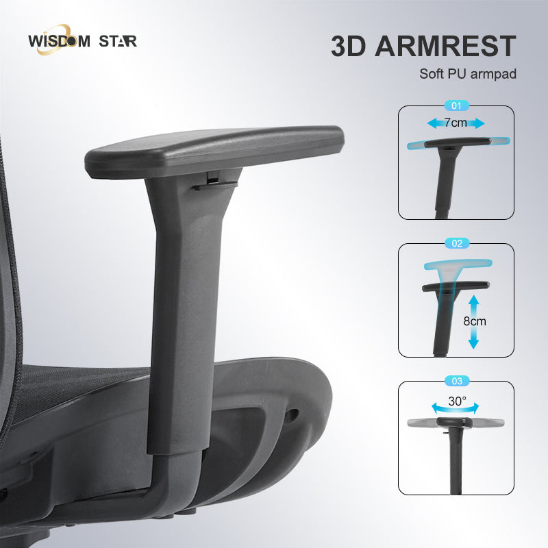 【Ready Stock】WISDOM STAR Furniture Full Mesh Office Chair Ergonomic Chair with 3D Armrests, 2D Lumbar Support & 2D Headrest Chair Gaming Chair 3 Years Warranty
