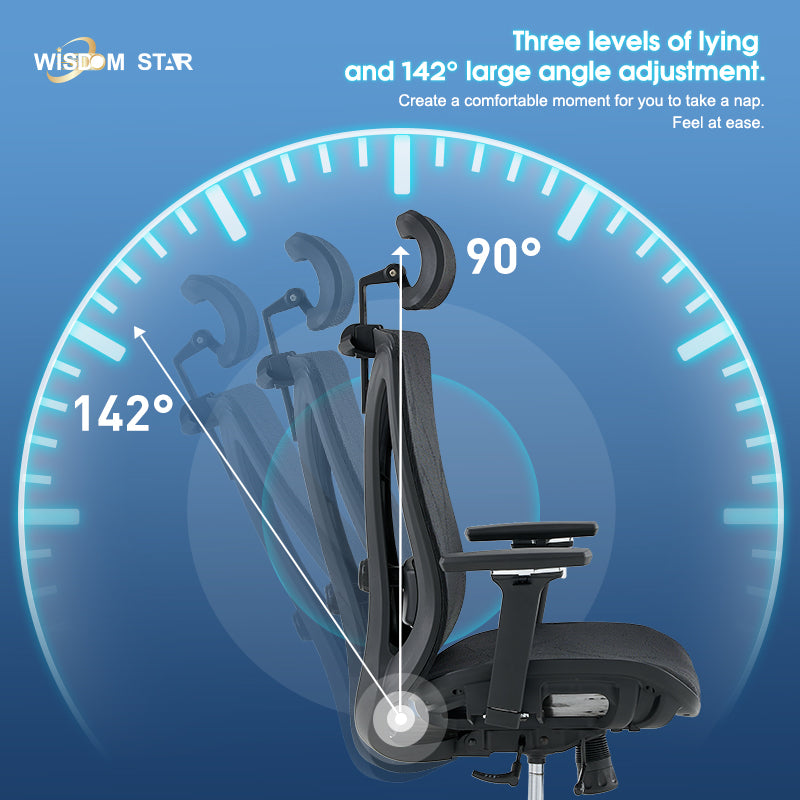 Modern technological style chair, perfect integration of office, gaming and ergonomics. High technology, high comfort, and instantly experience the new era of future seats! The first curved seat plate + large angle adjustment + 4D armrest. wisdom star E52