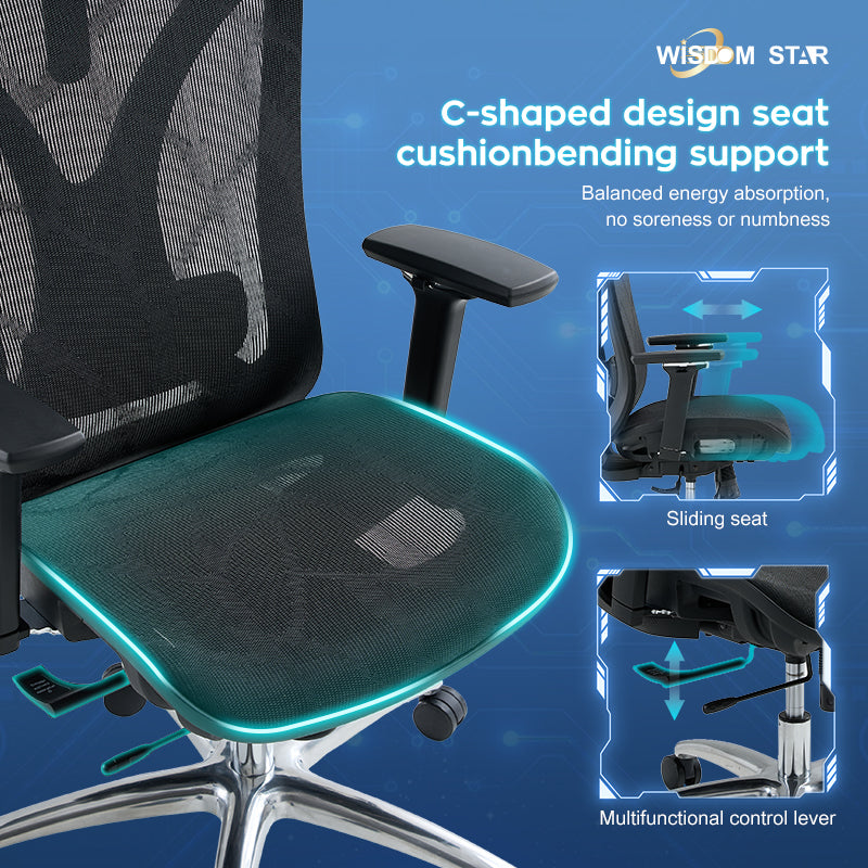 Modern technological style chair, perfect integration of office, gaming and ergonomics. High technology, high comfort, and instantly experience the new era of future seats! The first curved seat plate + large angle adjustment + 4D armrest. wisdom star E52
