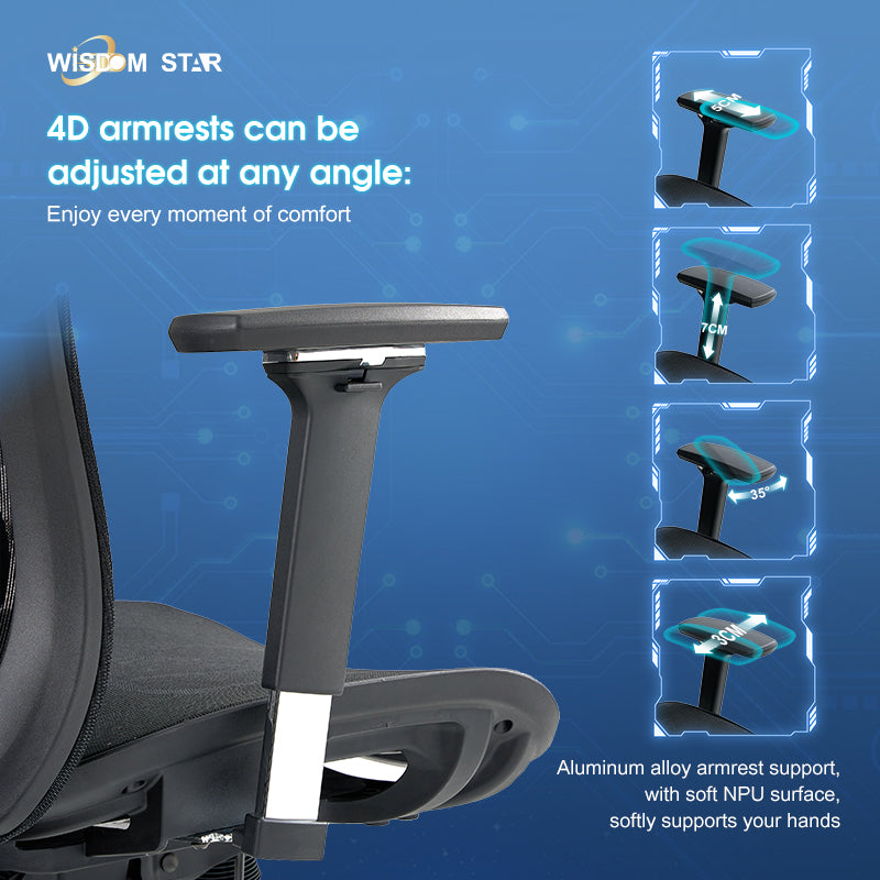 Modern technological style chair, perfect integration of office, gaming and ergonomics. High technology, high comfort, and instantly experience the new era of future seats! The first curved seat plate + large angle adjustment + 4D armrest. wisdom star E52