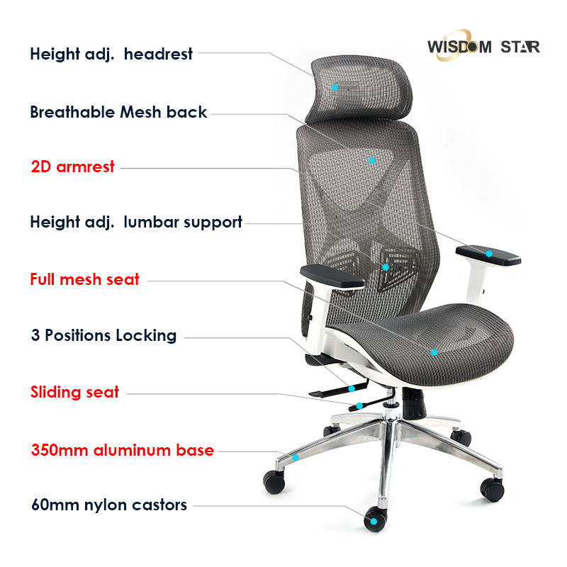 【Ready Stock】WISDOM STAR Furniture Ergonomic Chair Full Mesh Office Chair Gaming Chair with Armrests, Lumbar Support & Headrest Chair 3 Years Warranty