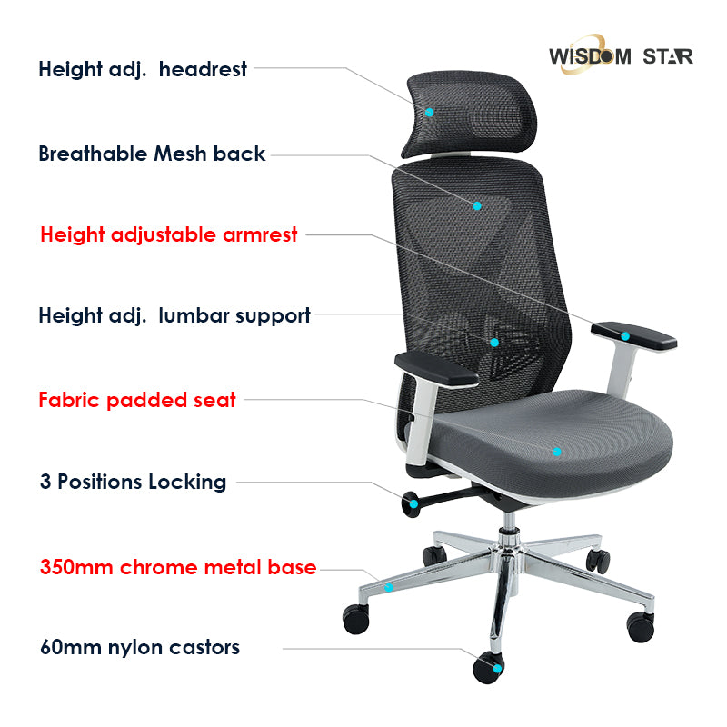 【Ready Stock】WISDOM STAR Furniture Ergonomic Chair Full Mesh Office Chair Gaming Chair with Armrests, Lumbar Support & Headrest Chair 3 Years Warranty