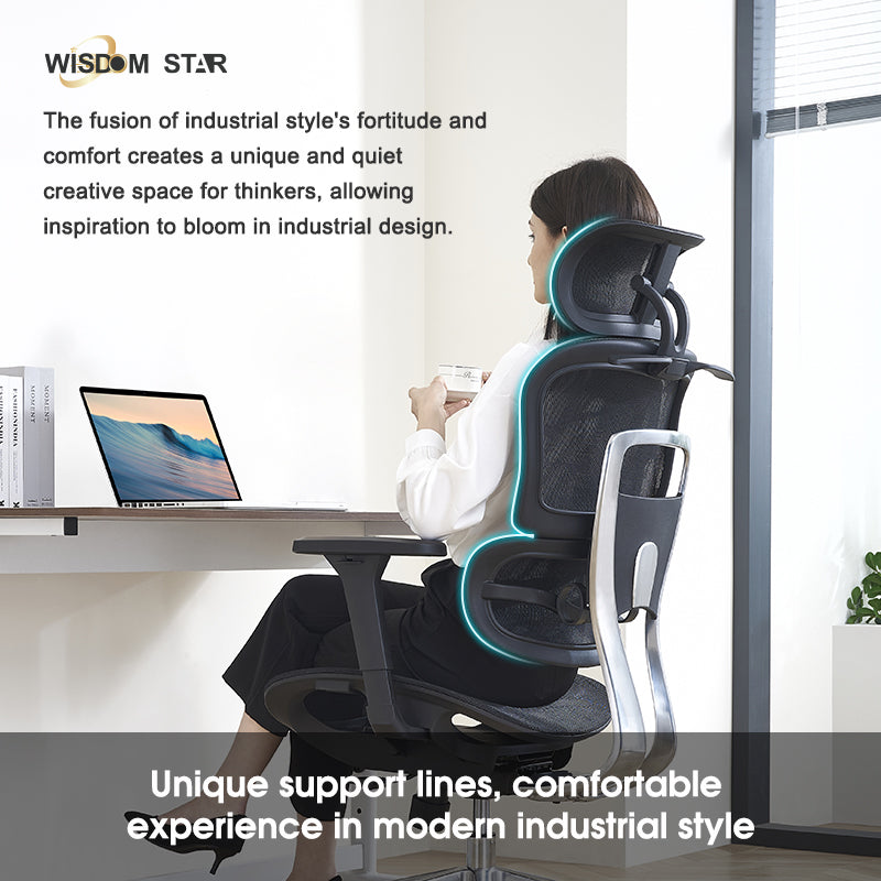 Modern industrial style seat and ergonomic chair integrated. Full support for your lumbar spine. 4D armrests + zoned lumbar support + first full back adjustment. wisdom star M82