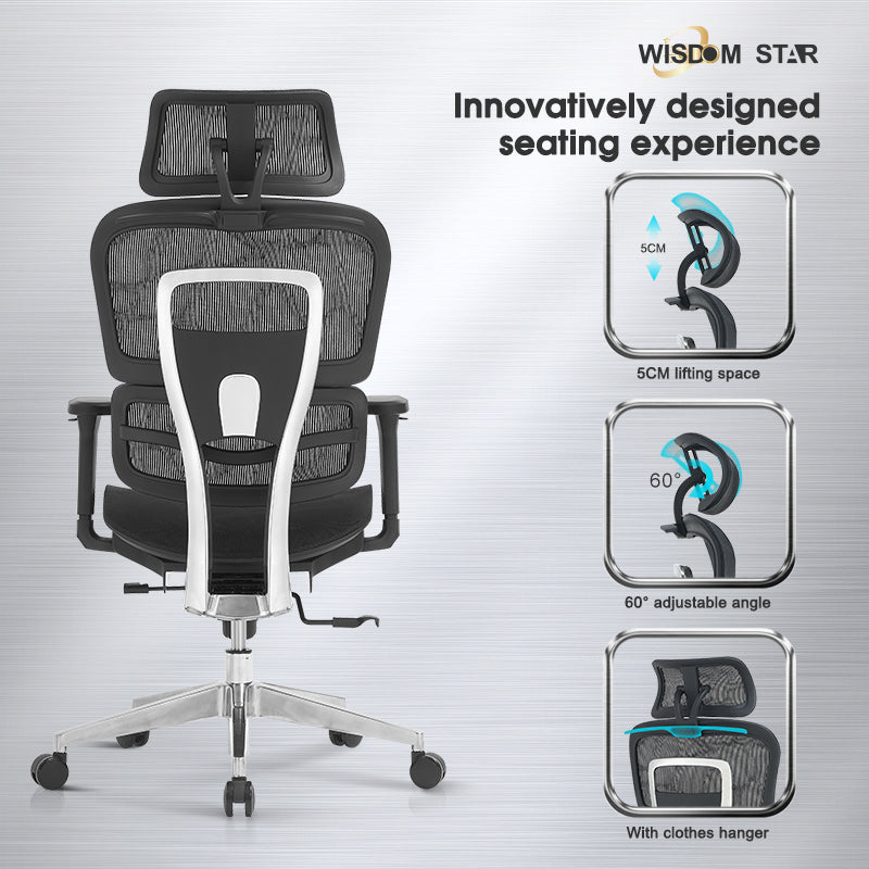Modern industrial style seat and ergonomic chair integrated. Full support for your lumbar spine. 4D armrests + zoned lumbar support + first full back adjustment. wisdom star M82