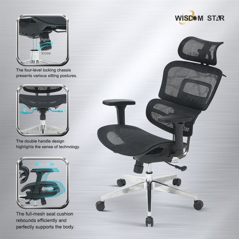 Modern industrial style seat and ergonomic chair integrated. Full support for your lumbar spine. 4D armrests + zoned lumbar support + first full back adjustment. wisdom star M82
