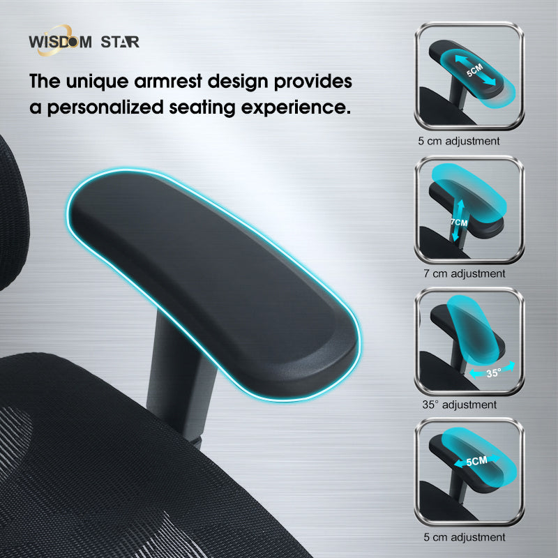Modern industrial style seat and ergonomic chair integrated. Full support for your lumbar spine. 4D armrests + zoned lumbar support + first full back adjustment. wisdom star M82