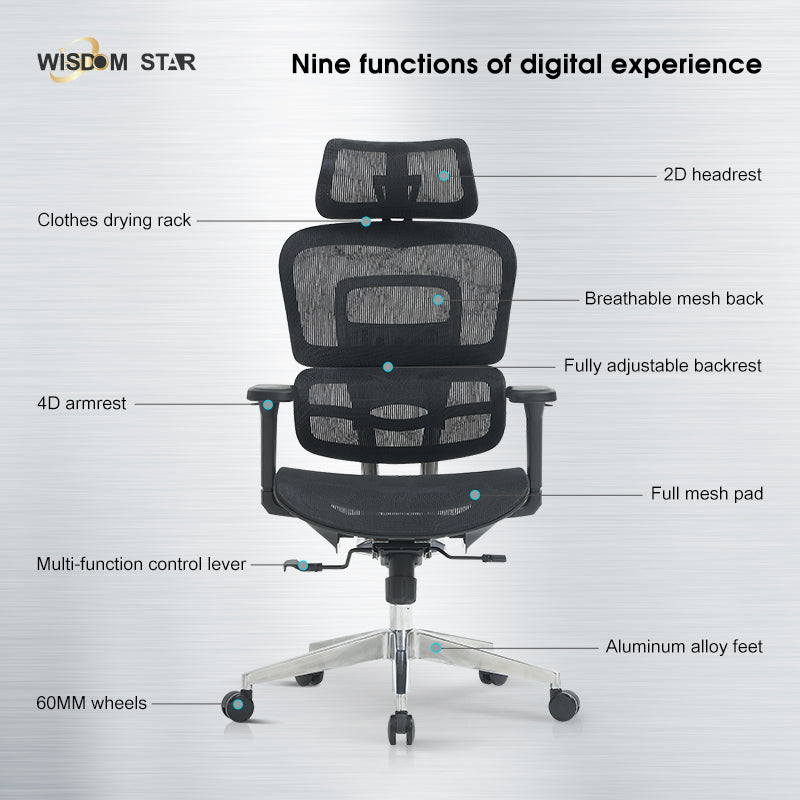 Modern industrial style seat and ergonomic chair integrated. Full support for your lumbar spine. 4D armrests + zoned lumbar support + first full back adjustment. wisdom star M82
