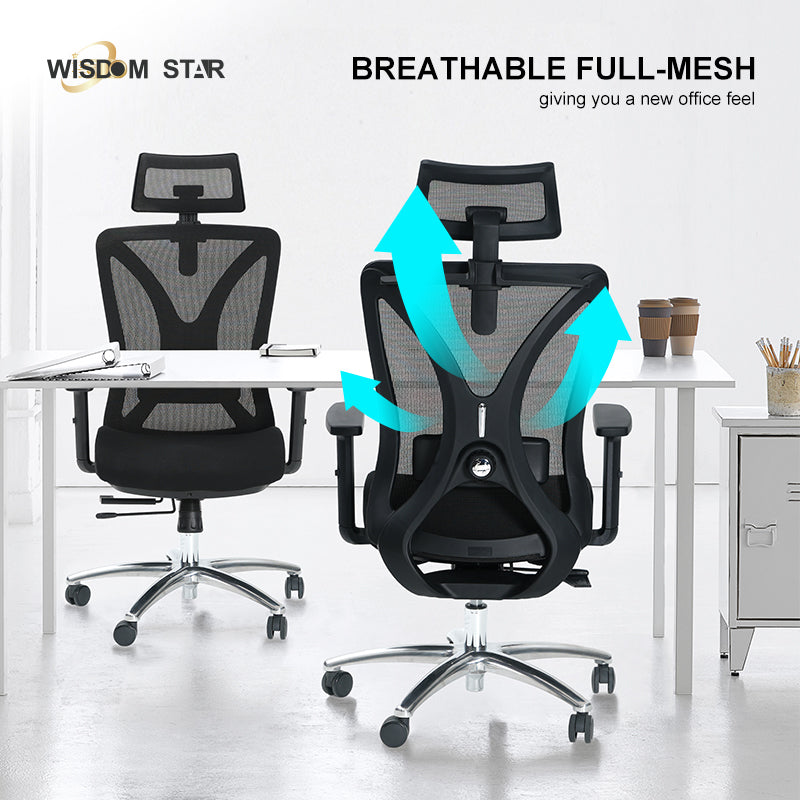 WISDOM STAR Furniture Swivel Chair Lumbar Support Ergonomic Chair Headrest Office Chair 135° Reclining Chair Class 3 Gaslift