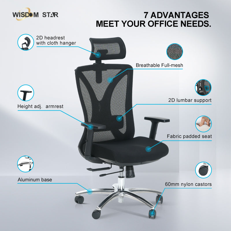 WISDOM STAR Furniture Swivel Chair Lumbar Support Ergonomic Chair Headrest Office Chair 135° Reclining Chair Class 3 Gaslift