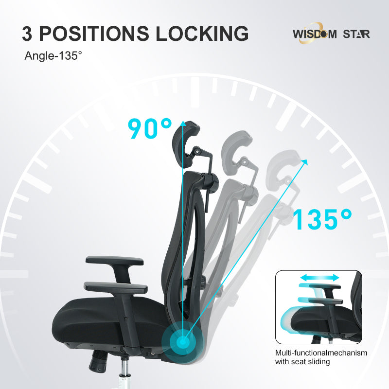 WISDOM STAR Furniture Swivel Chair Lumbar Support Ergonomic Chair Headrest Office Chair 135° Reclining Chair Class 3 Gaslift