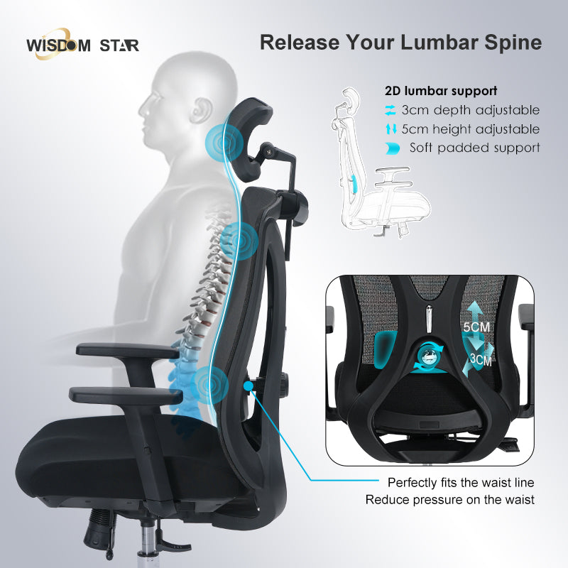 WISDOM STAR Furniture Swivel Chair Lumbar Support Ergonomic Chair Headrest Office Chair 135° Reclining Chair Class 3 Gaslift