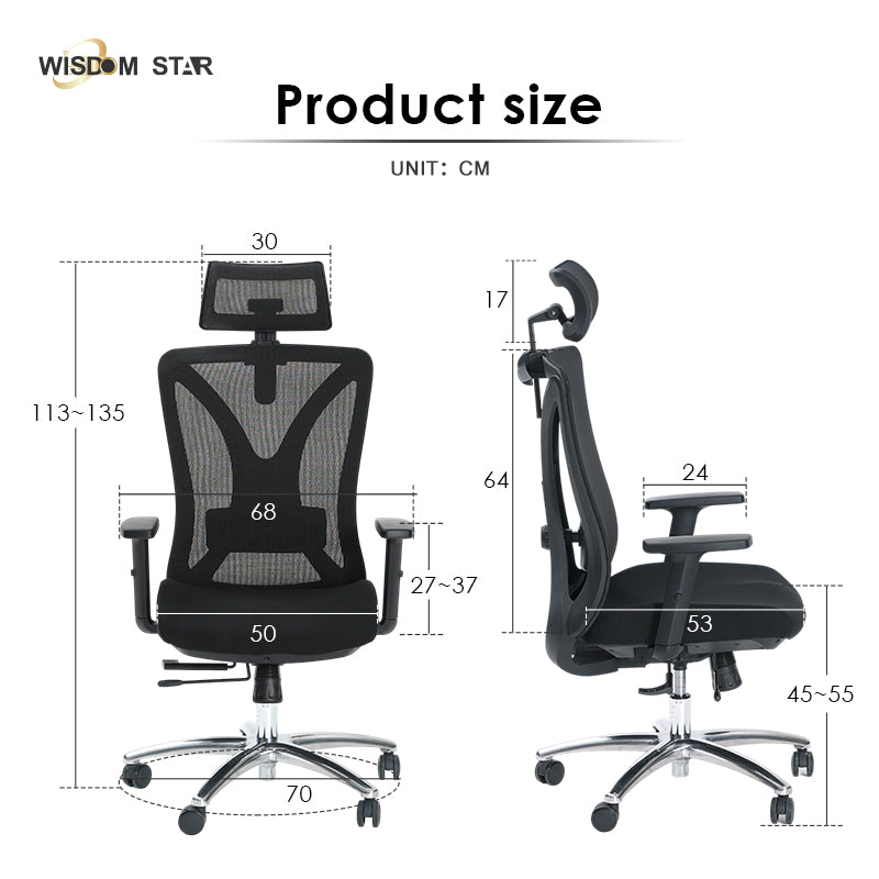 WISDOM STAR Furniture Swivel Chair Lumbar Support Ergonomic Chair Headrest Office Chair 135° Reclining Chair Class 3 Gaslift
