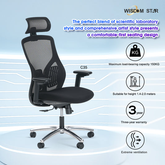 An all-round fusion of office chairs, gaming chairs, and ergonomic chairs. 135° supine + ultra-soft cushion + 3D armrests + 2D headrest. Wisdom Star C35 digital living chair