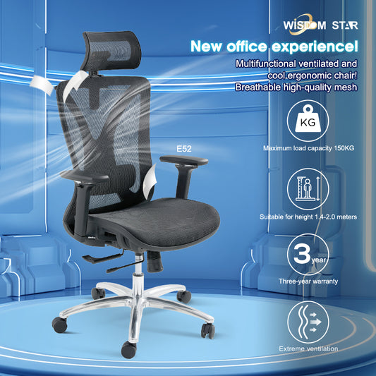 Modern technological style chair, perfect integration of office, gaming and ergonomics. High technology, high comfort, and instantly experience the new era of future seats! The first curved seat plate + large angle adjustment + 4D armrest. wisdom star E52