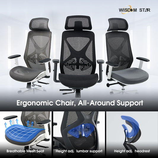 【Ready Stock】WISDOM STAR Furniture Ergonomic Chair Full Mesh Office Chair Gaming Chair with Armrests, Lumbar Support & Headrest Chair 3 Years Warranty