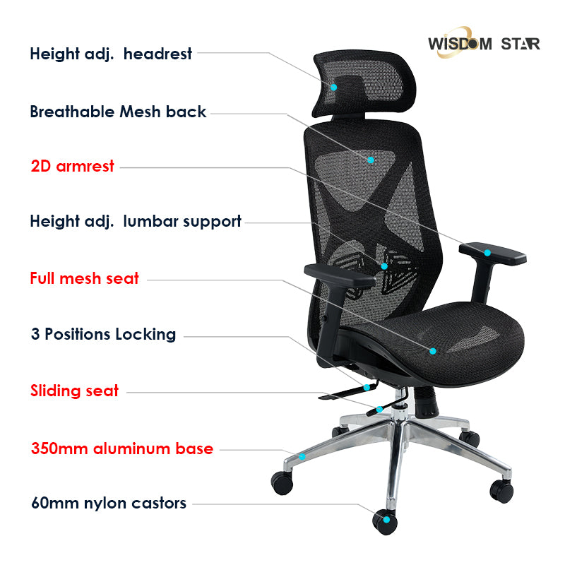 【Ready Stock】WISDOM STAR Furniture Ergonomic Chair Full Mesh Office Chair Gaming Chair with Armrests, Lumbar Support & Headrest Chair 3 Years Warranty
