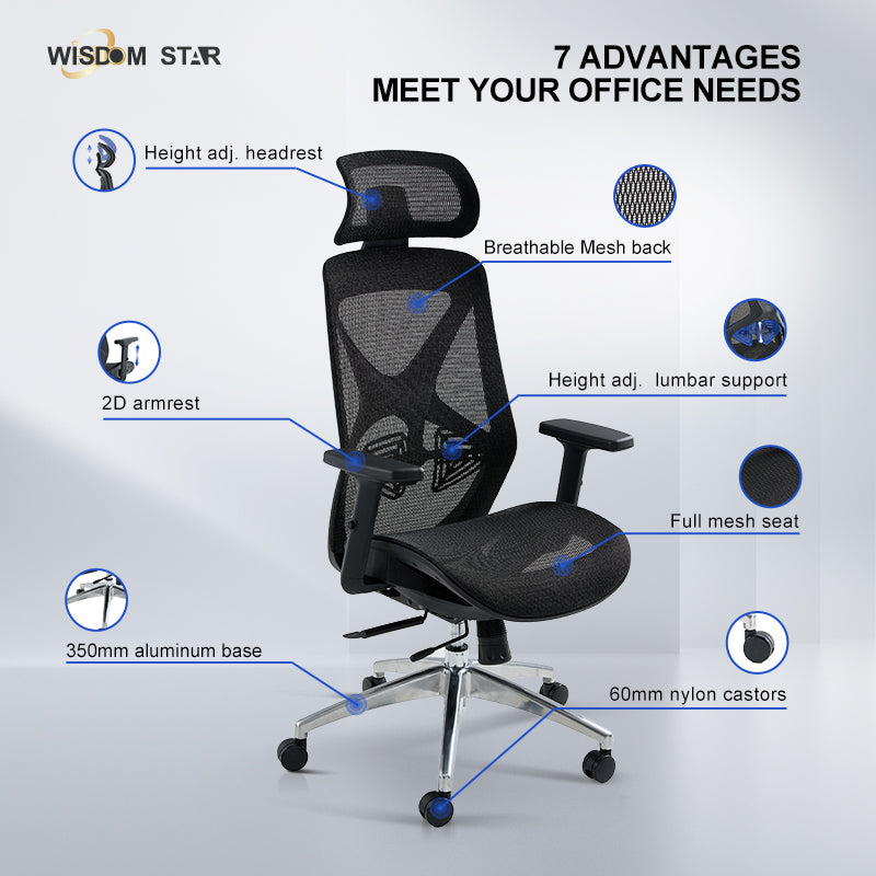 【Ready Stock】WISDOM STAR Furniture Ergonomic Chair Full Mesh Office Chair Gaming Chair with Armrests, Lumbar Support & Headrest Chair 3 Years Warranty