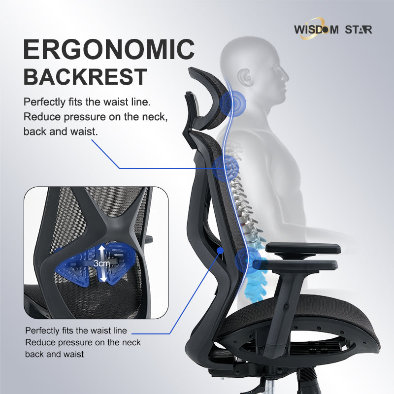 【Ready Stock】WISDOM STAR Furniture Ergonomic Chair Full Mesh Office Chair Gaming Chair with Armrests, Lumbar Support & Headrest Chair 3 Years Warranty