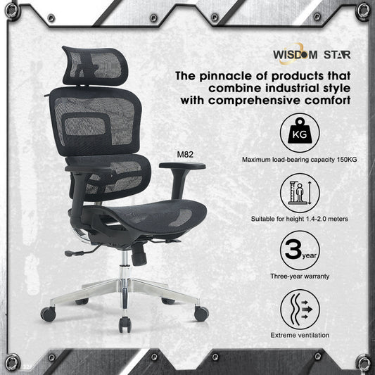 Modern industrial style seat and ergonomic chair integrated. Full support for your lumbar spine. 4D armrests + zoned lumbar support + first full back adjustment. wisdom star M82